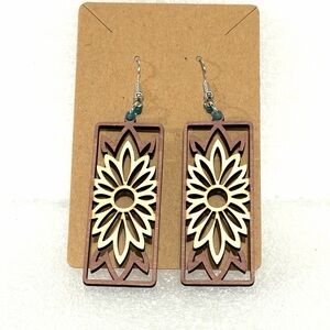 Floral Wooden Earrings in Cream and Brown wood grain. Hand made
